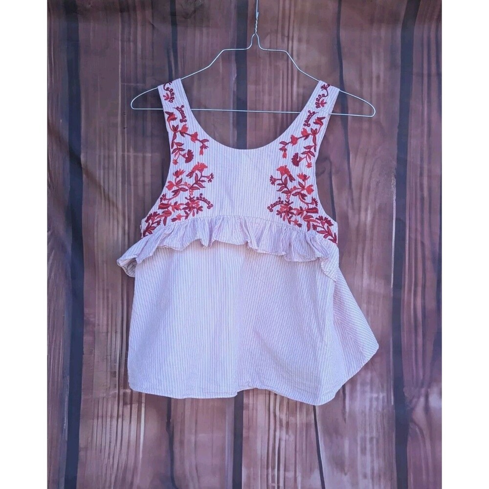 Zara Trafaluc Embroidered Pink Stripe Ruffle Top Size Small S 100% cotton